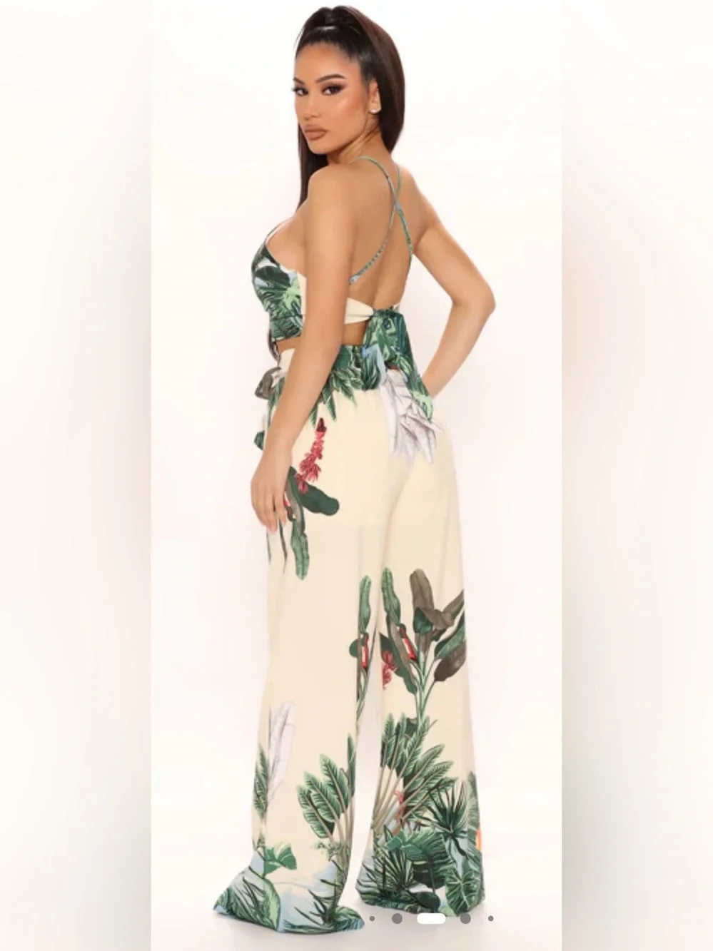 Fashion Nova Cream Tropical High-Waist Wide-Leg Pants Set with top